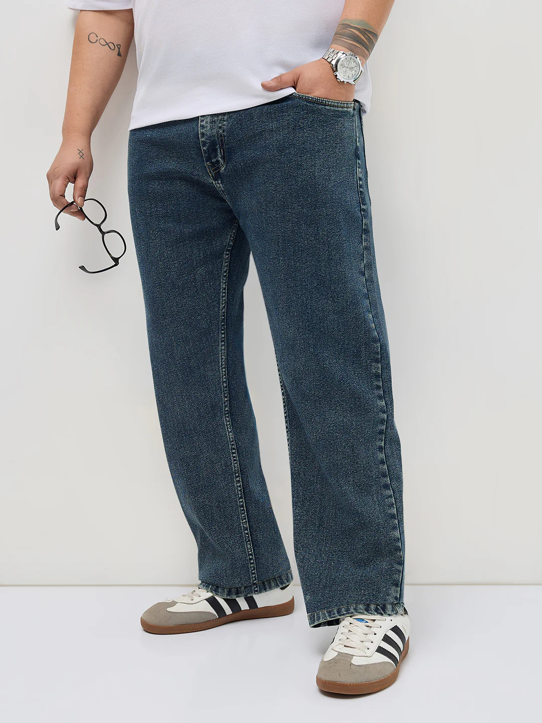 Plus Men's Light Blue Regular Fit Towel Washed Yellow Tint Denim Jeans Stretchable