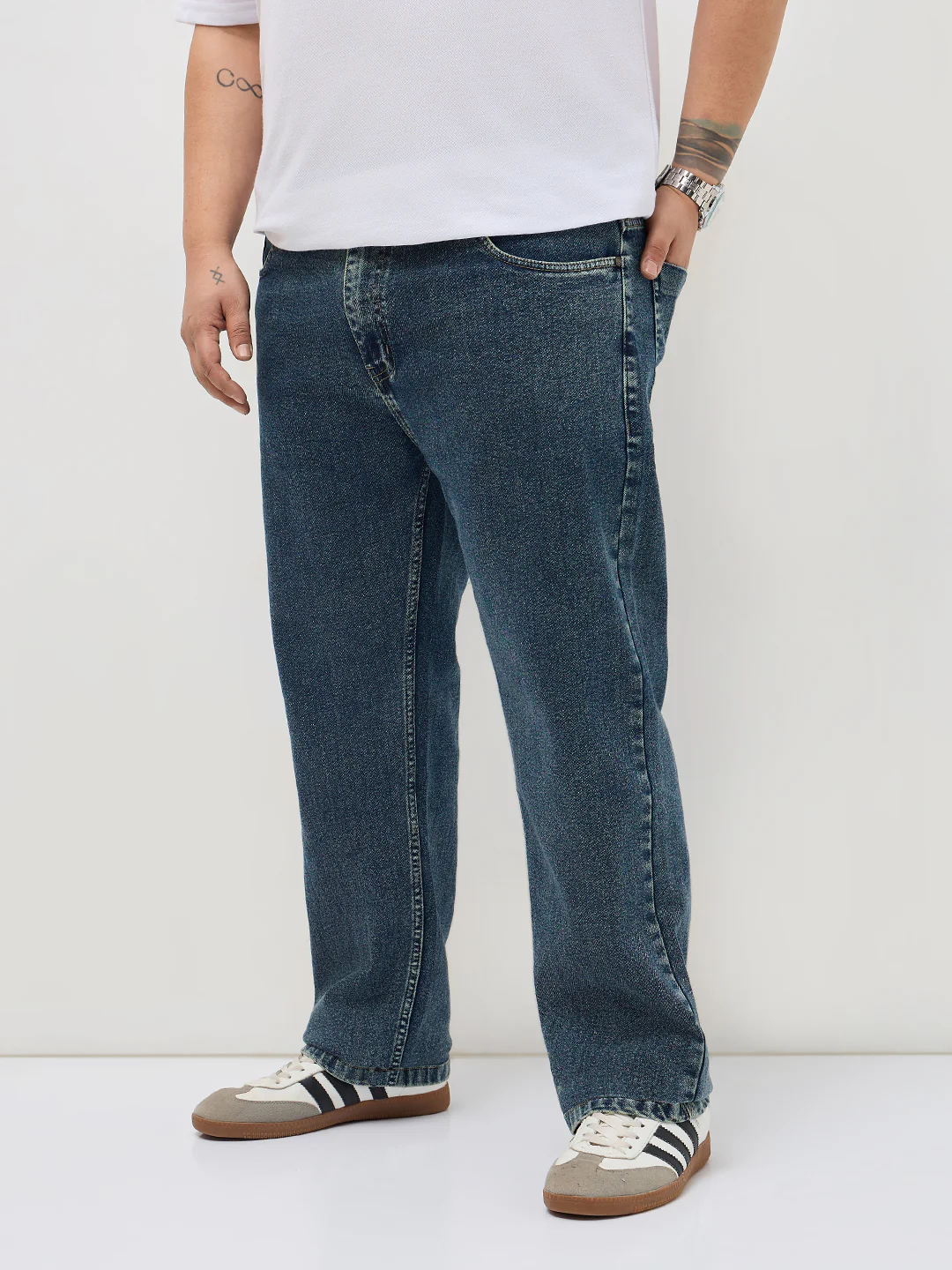 Plus Men's Light Blue Regular Fit Towel Washed Yellow Tint Denim Jeans Stretchable - Image 2