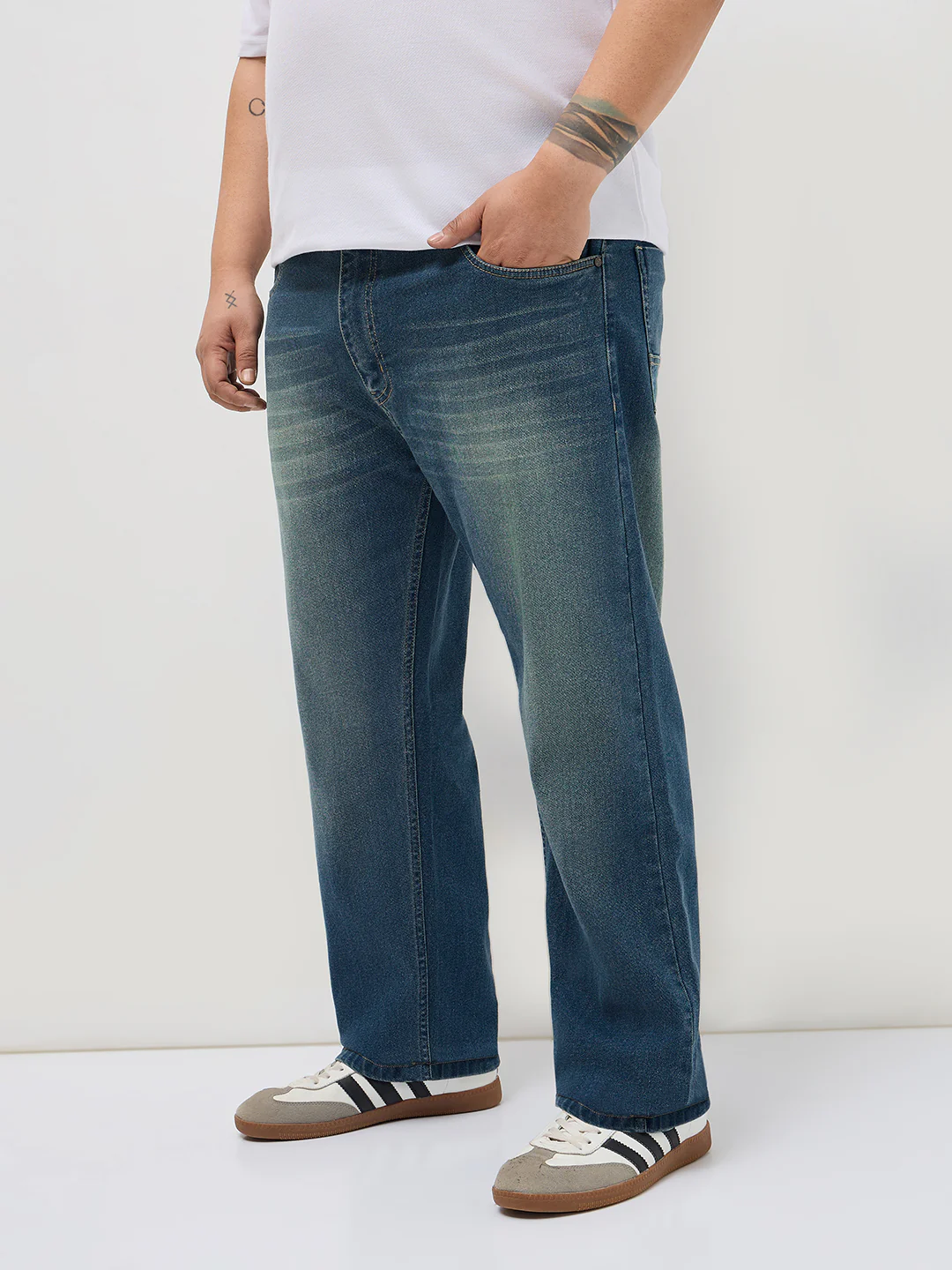 Plus Men's Light Blue Regular Fit Whisker Washed Yellow Tint Denim Jeans Stretchable - Image 2