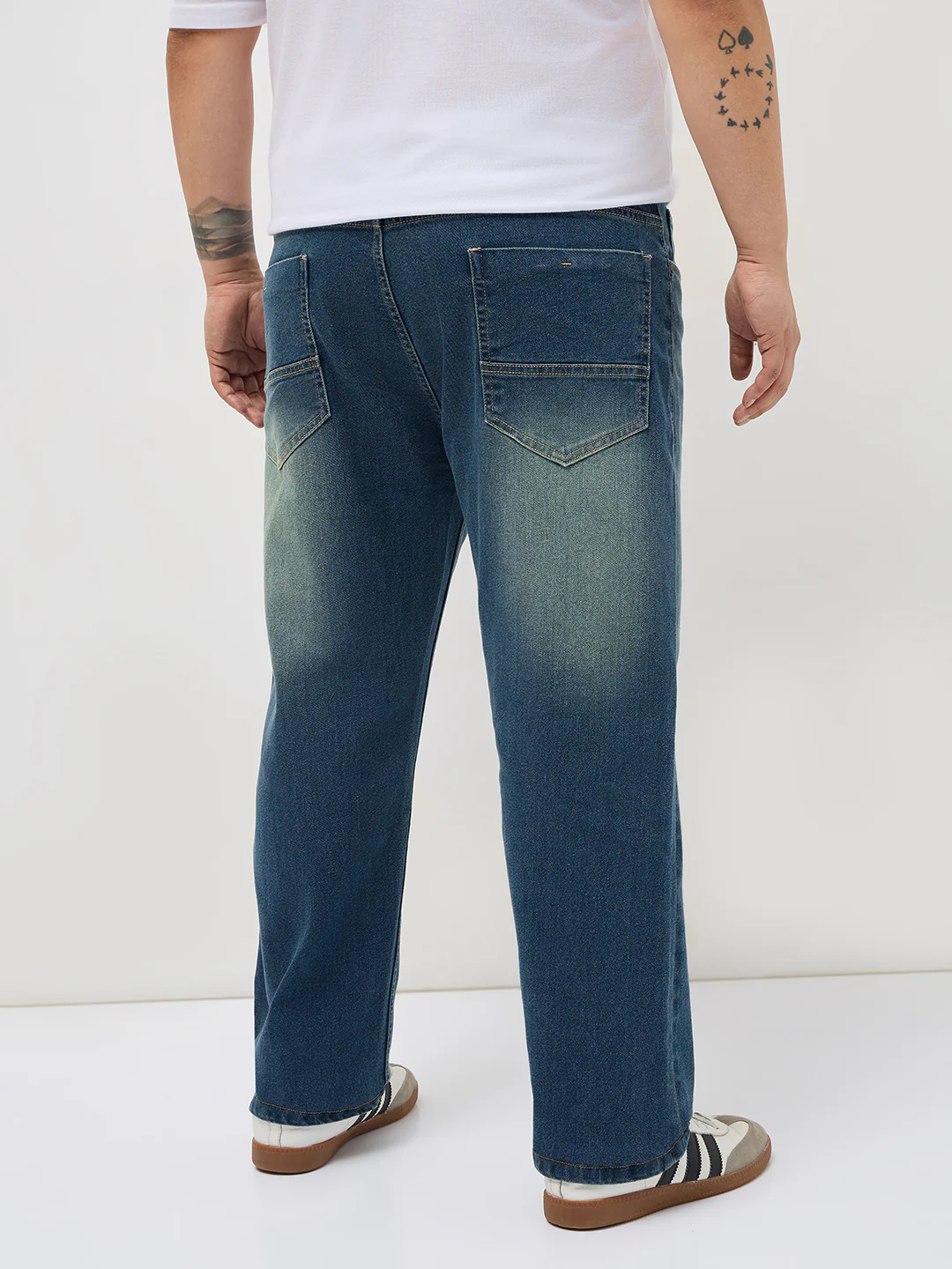 Plus Men's Light Blue Regular Fit Whisker Washed Yellow Tint Denim Jeans Stretchable - Image 3