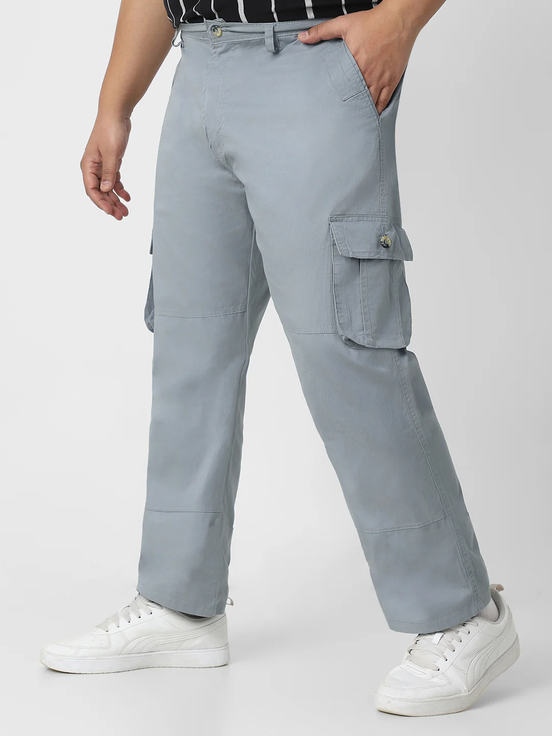 Plus Men's Light Blue Regular Fit Solid Cargo Chino Pant with 6 Pockets - Image 4