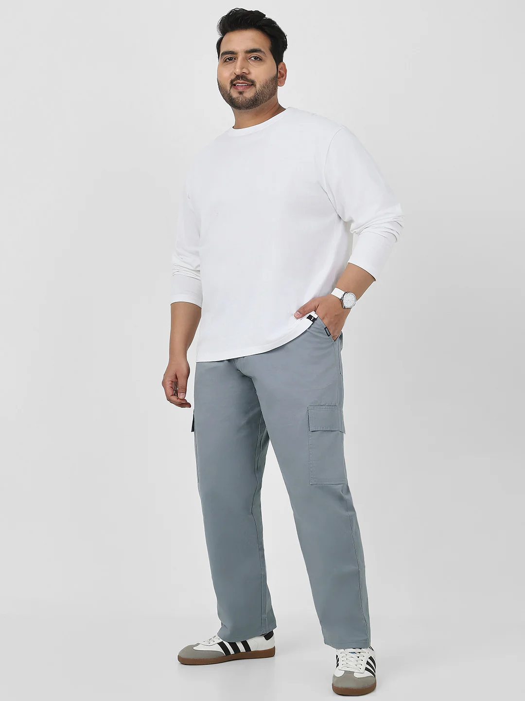 Plus Men's Light Blue Regular Fit Solid Cargo Chino Pant with 6 Pockets Stretchable - Image 4
