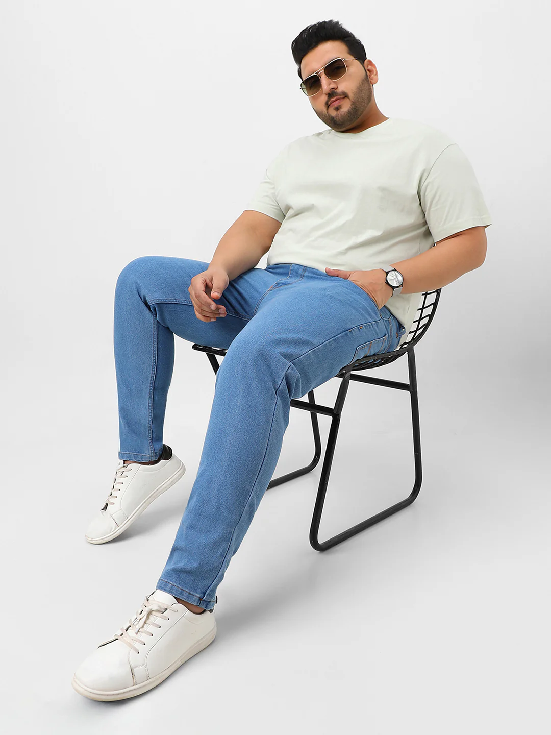 Plus Men's Light Blue Regular Fit Solid Jeans Stretchable - Image 4