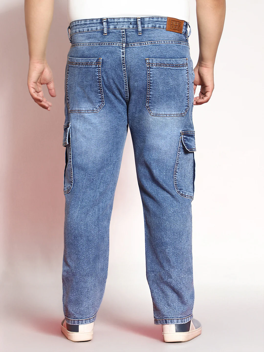 Plus Men's Light Blue Regular Fit Washed Cargo Jeans With 6 Pockets Stretchable - Image 3