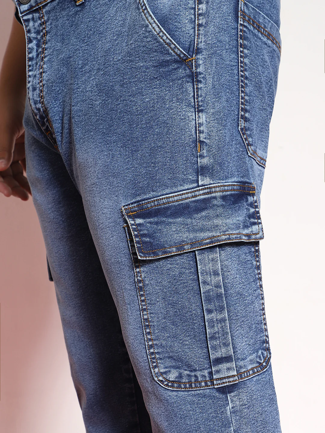 Plus Men's Light Blue Regular Fit Washed Cargo Jeans With 6 Pockets Stretchable - Image 5