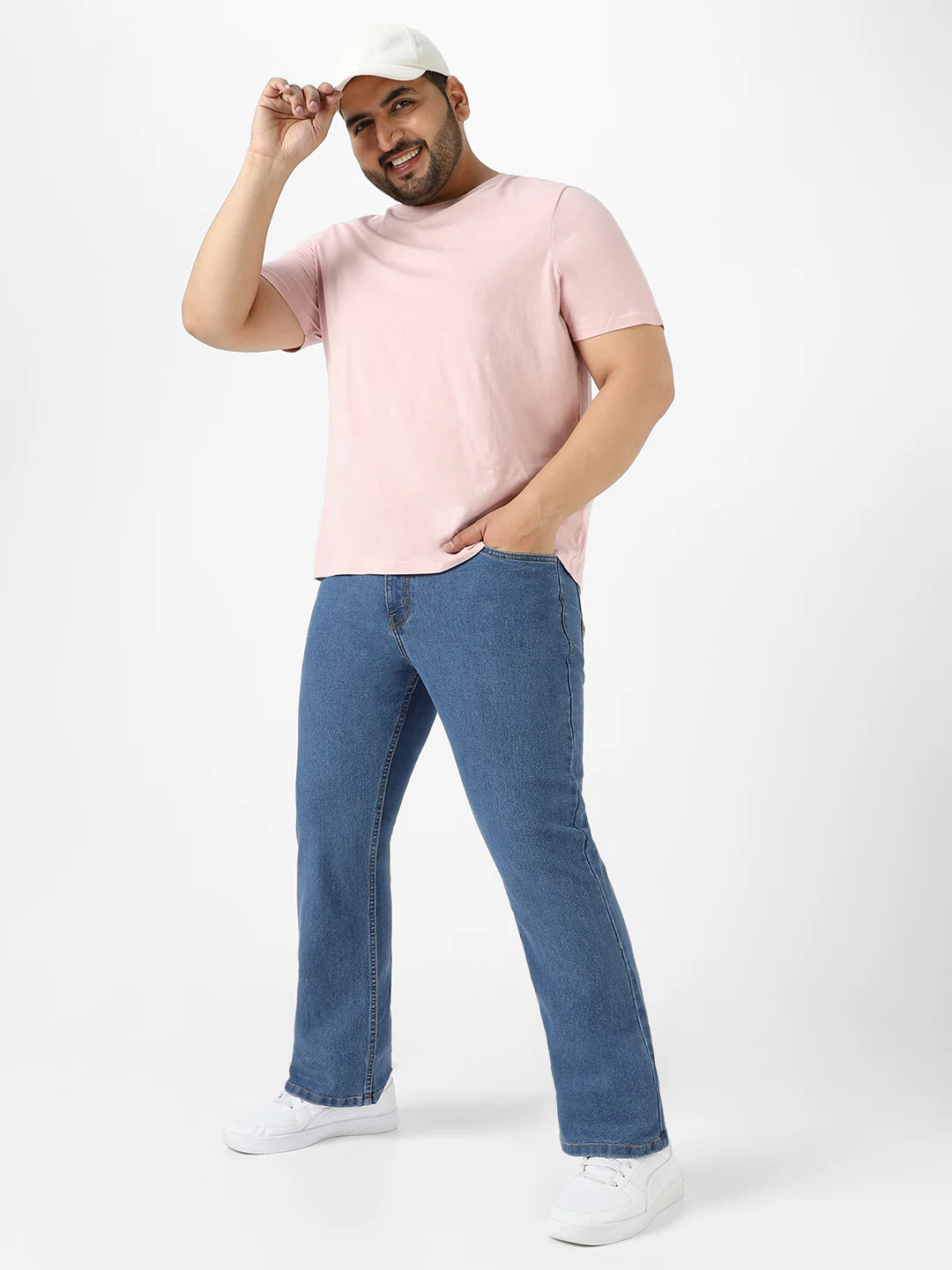 Plus Men's Light Blue Regular Fit Washed Denim Bootcut Jeans Stretchable - Image 4