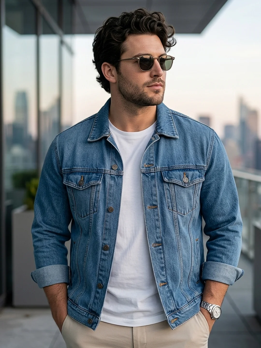 Plus Men's Light Blue Regular Fit Washed Full Sleeve Denim Jacket