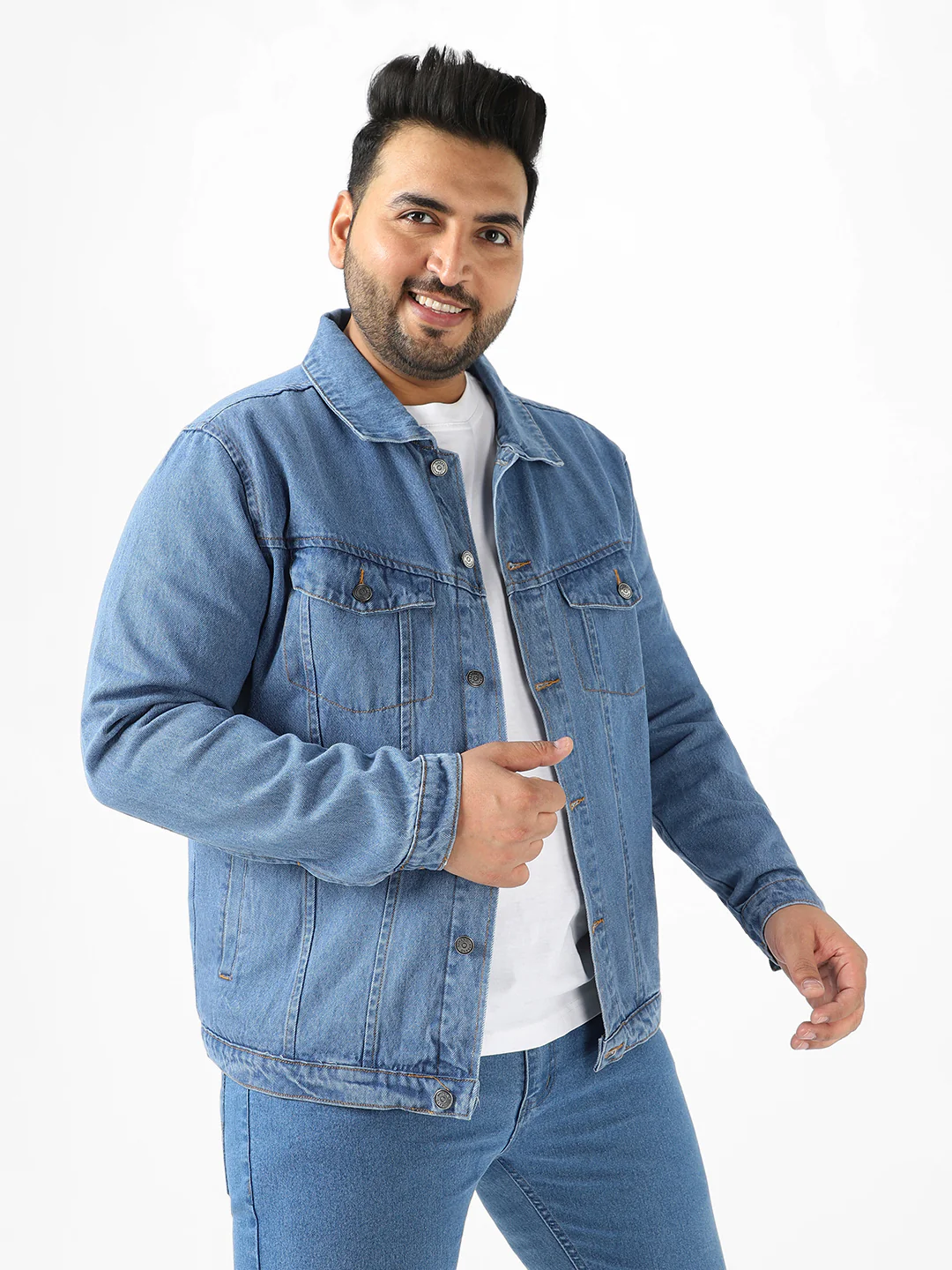 Plus Men's Light Blue Regular Fit Washed Full Sleeve Denim Jacket - Image 2