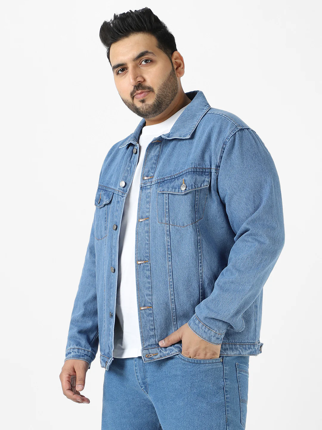 Plus Men's Light Blue Regular Fit Washed Full Sleeve Denim Jacket - Image 3