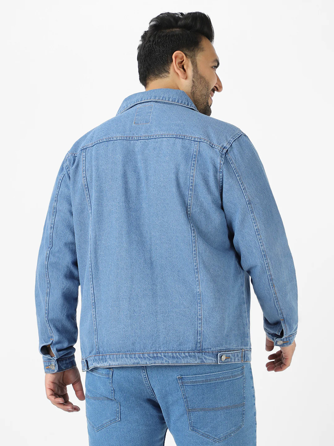 Plus Men's Light Blue Regular Fit Washed Full Sleeve Denim Jacket - Image 4