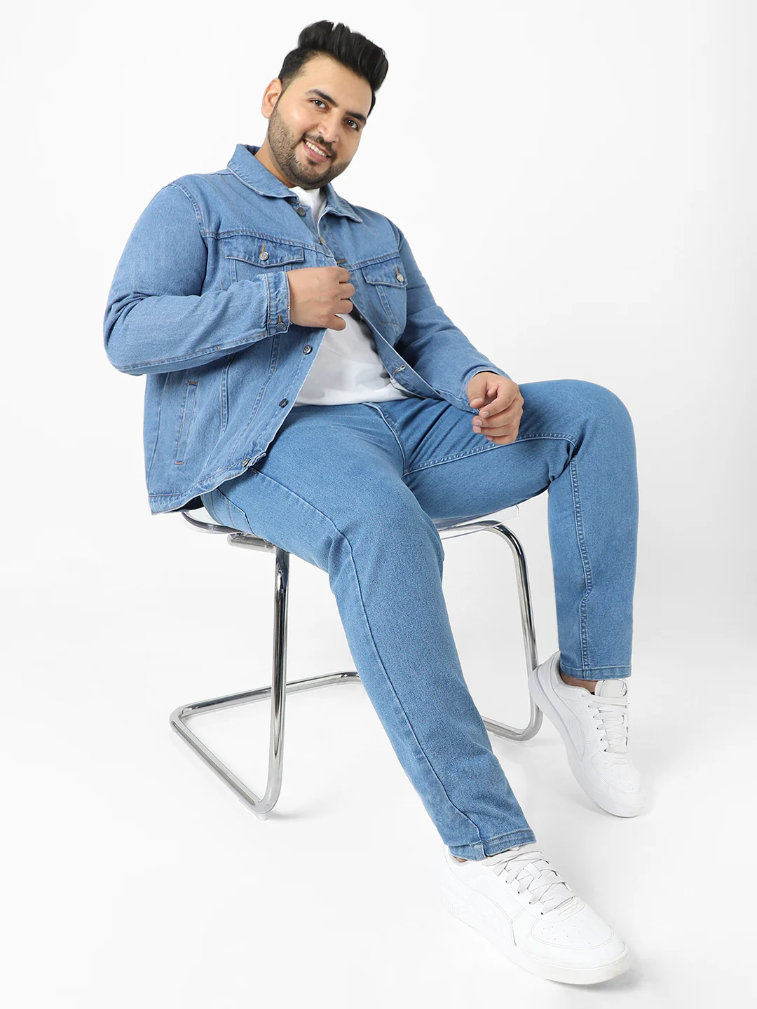 Plus Men's Light Blue Regular Fit Washed Full Sleeve Denim Jacket - Image 5