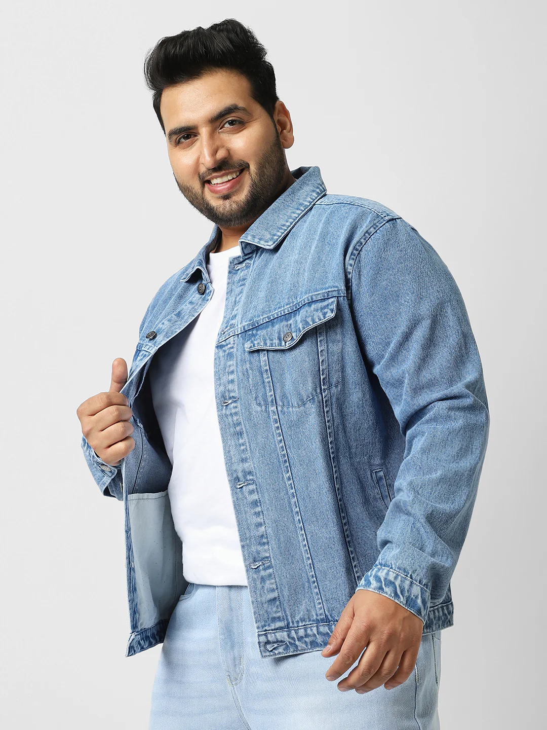 Plus Men's Light Blue Regular Fit Washed Full Sleeve Denim Jacket - Image 2