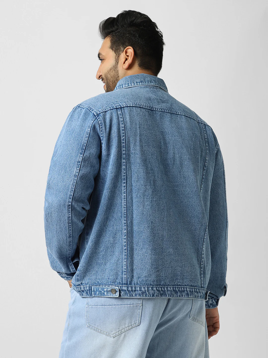Plus Men's Light Blue Regular Fit Washed Full Sleeve Denim Jacket - Image 3