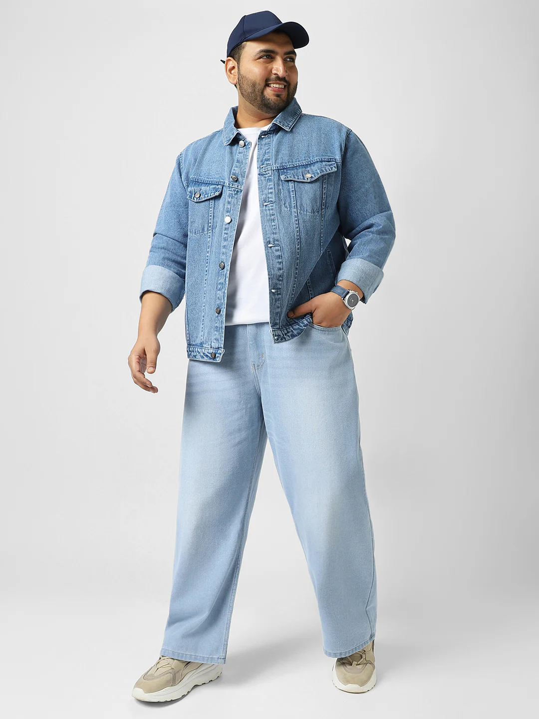 Plus Men's Light Blue Regular Fit Washed Full Sleeve Denim Jacket - Image 4