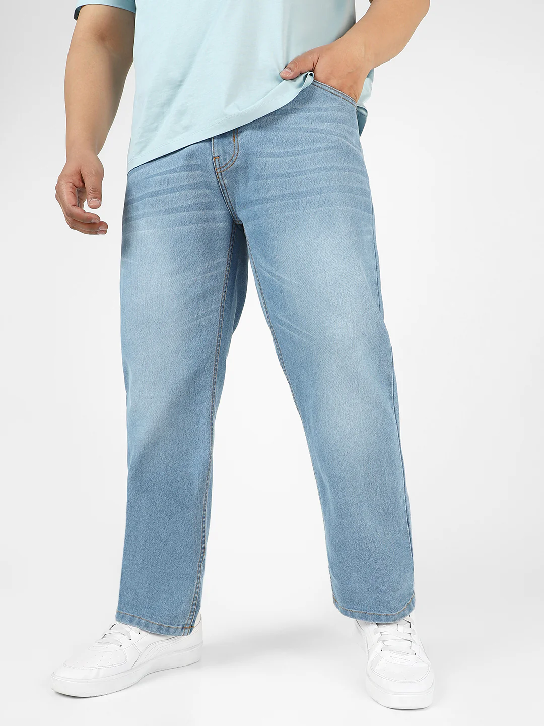 Plus Men's Light Blue Regular Fit Washed Jeans Stretchable - Image 2