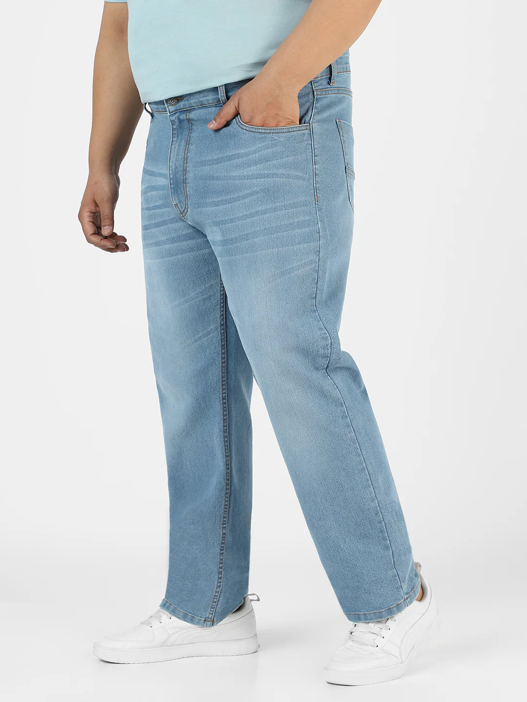 Plus Men's Light Blue Regular Fit Washed Jeans Stretchable - Image 3