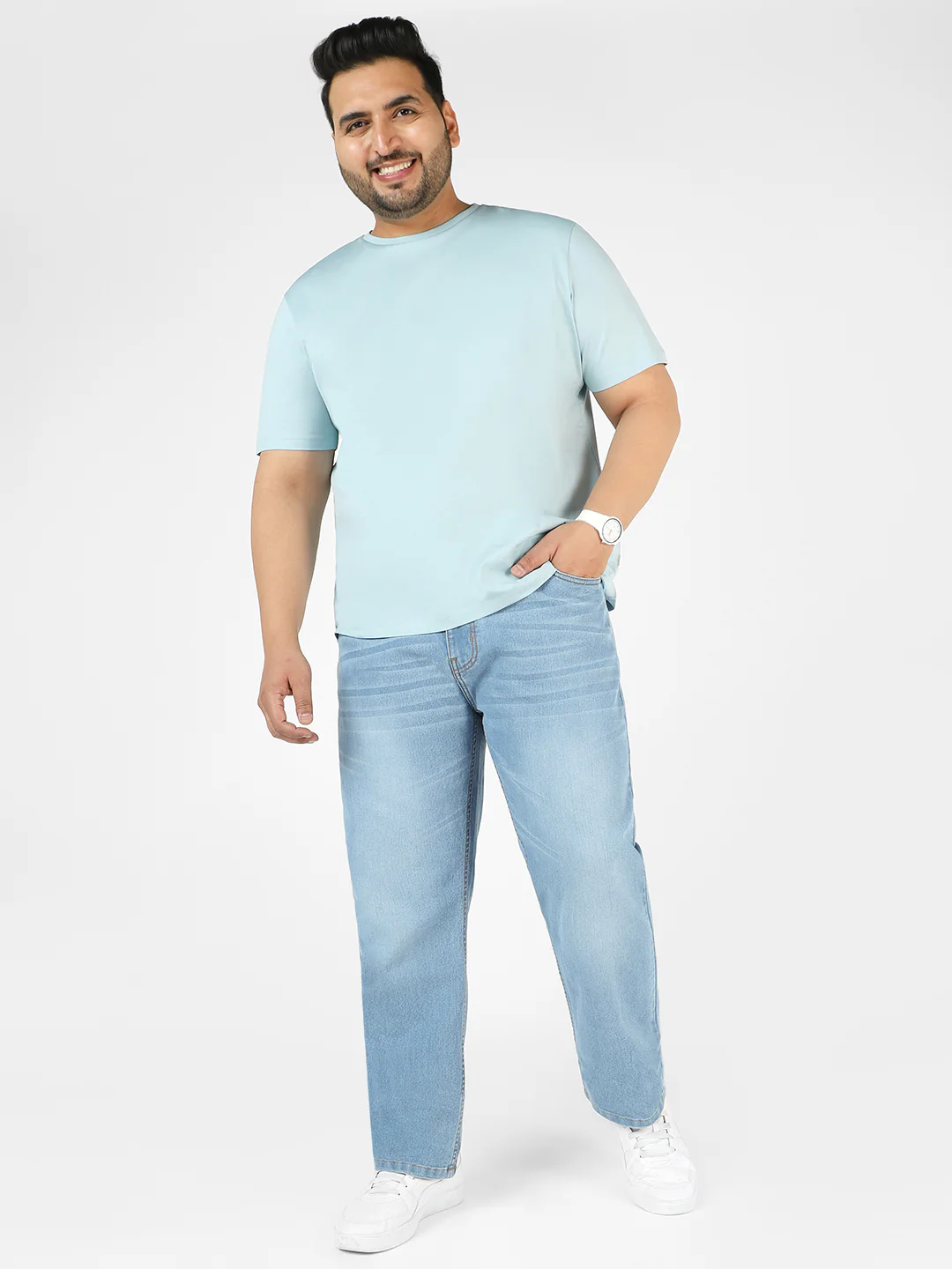 Plus Men's Light Blue Regular Fit Washed Jeans Stretchable - Image 5