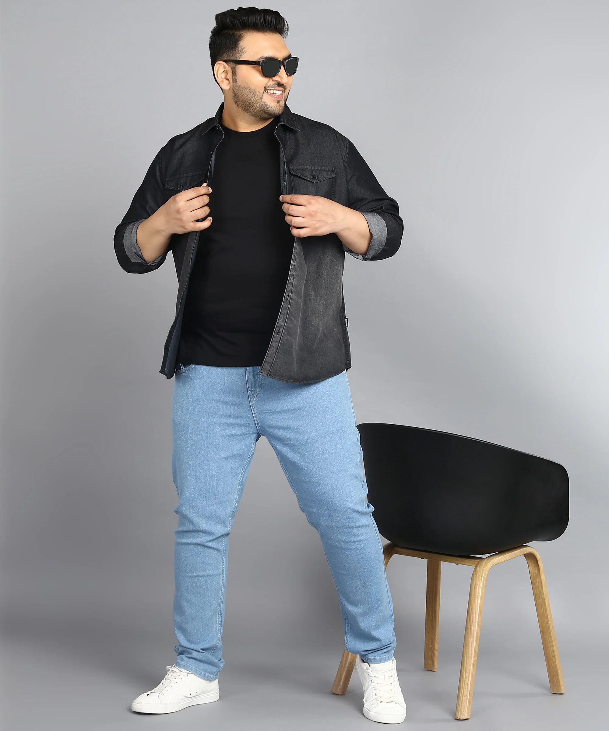 Plus Men's Light Blue Regular Fit Washed Jeans Stretchable - Image 4