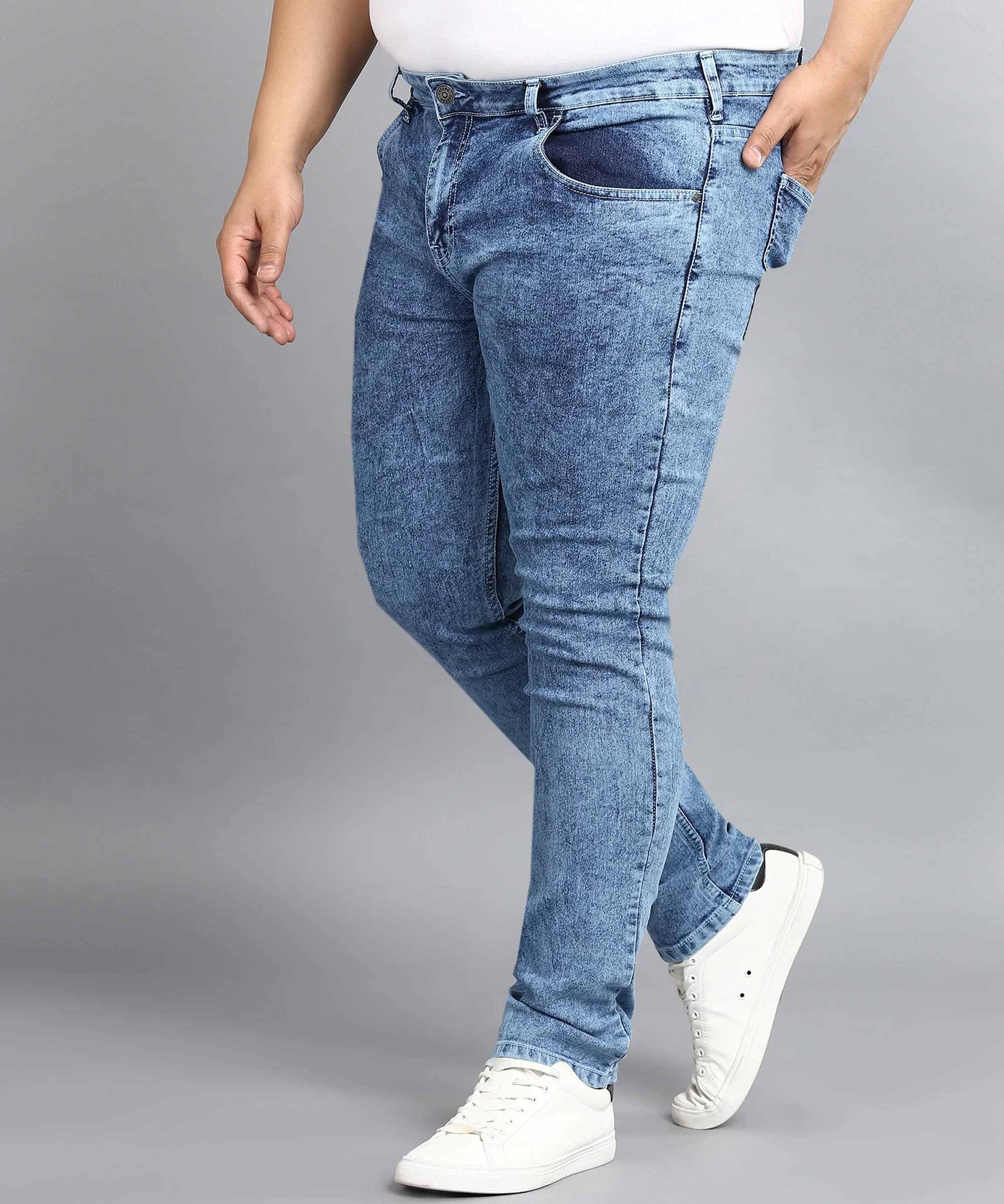 Plus Men's Light Blue Regular Fit Washed Jeans Stretchable - Image 2