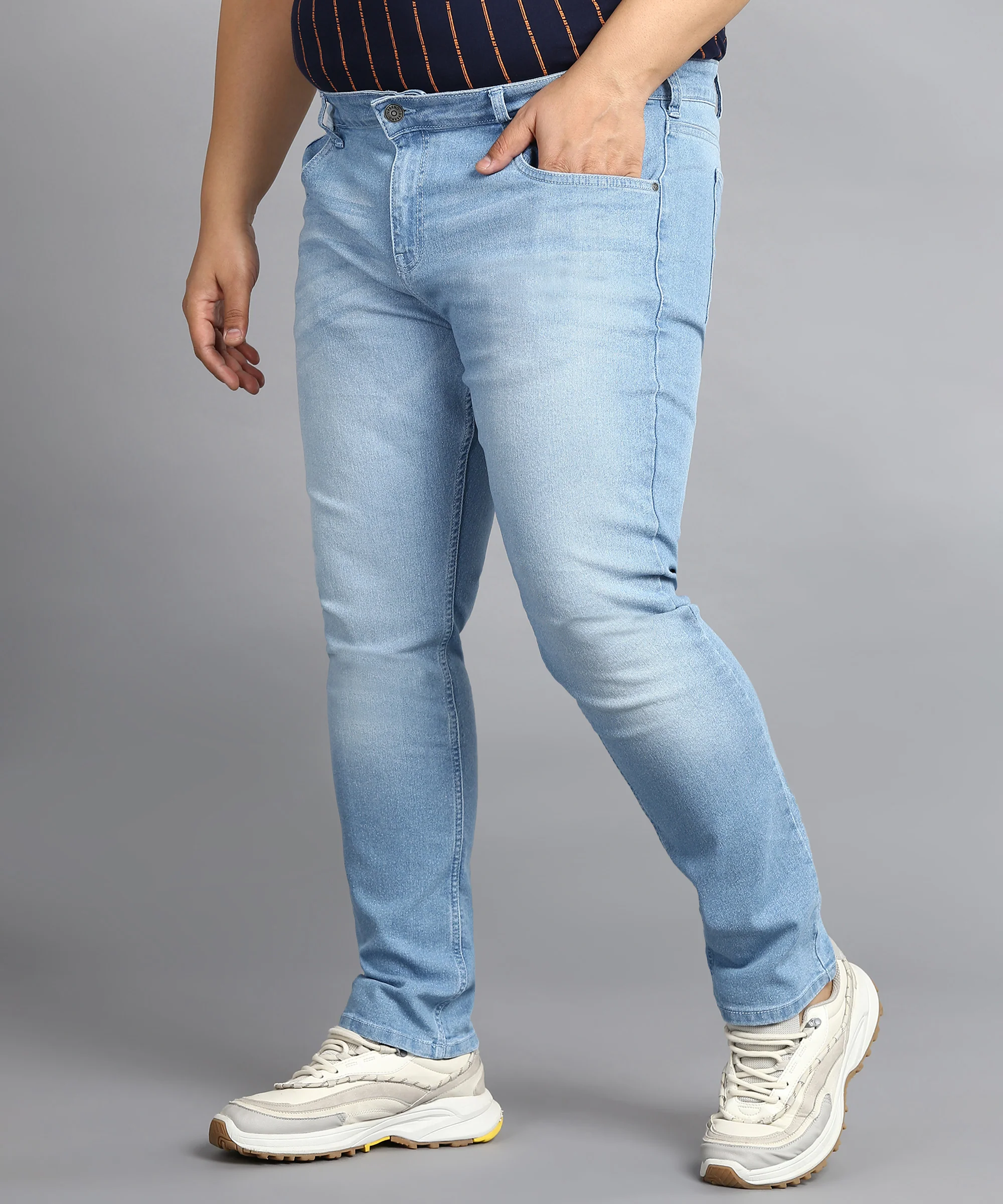 Plus Men's Light Blue Regular Fit Washed Jeans Stretchable - Image 2