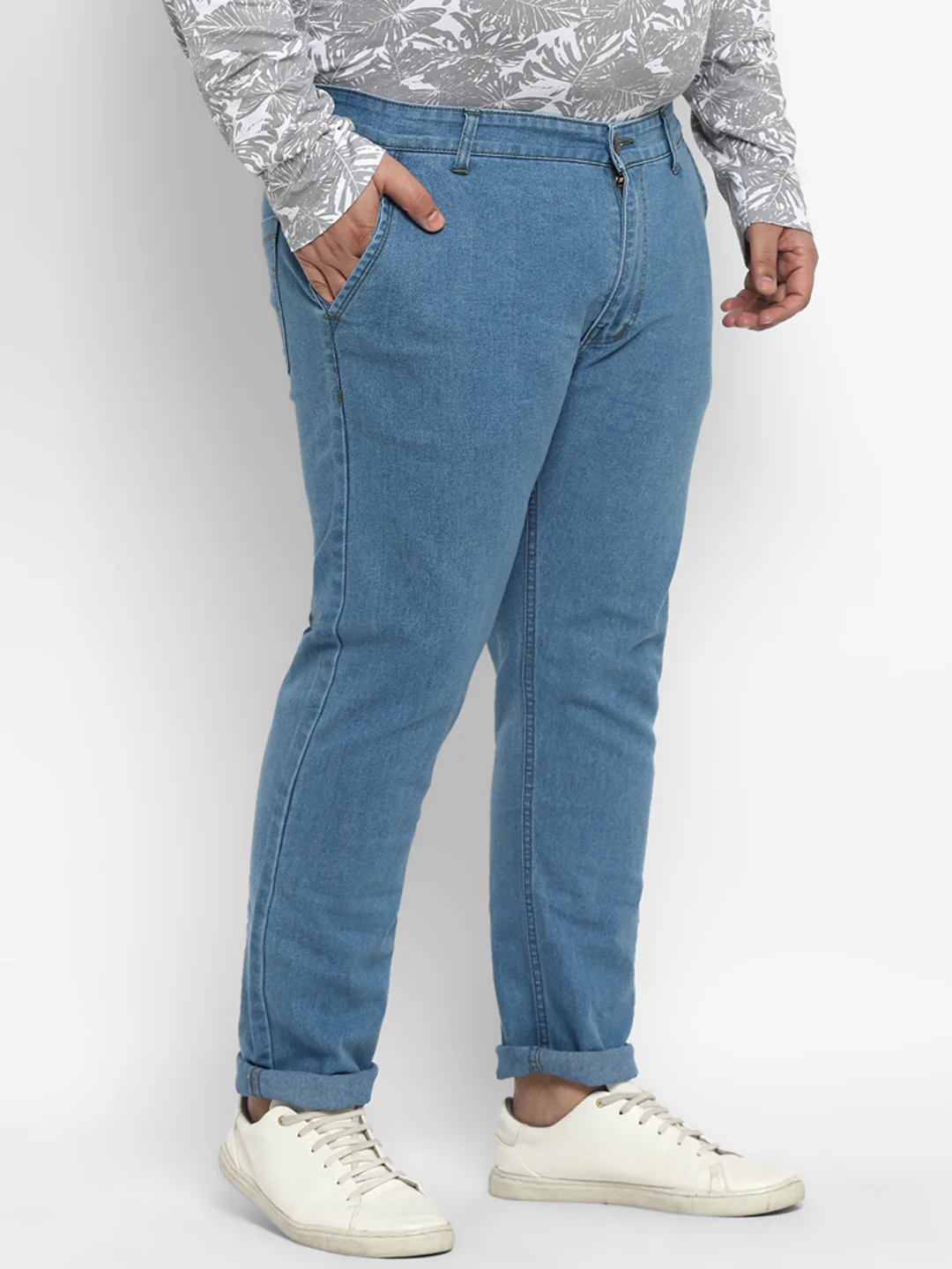 Plus Men's Light Blue Regular Fit Washed Jeans Stretchable - Image 2
