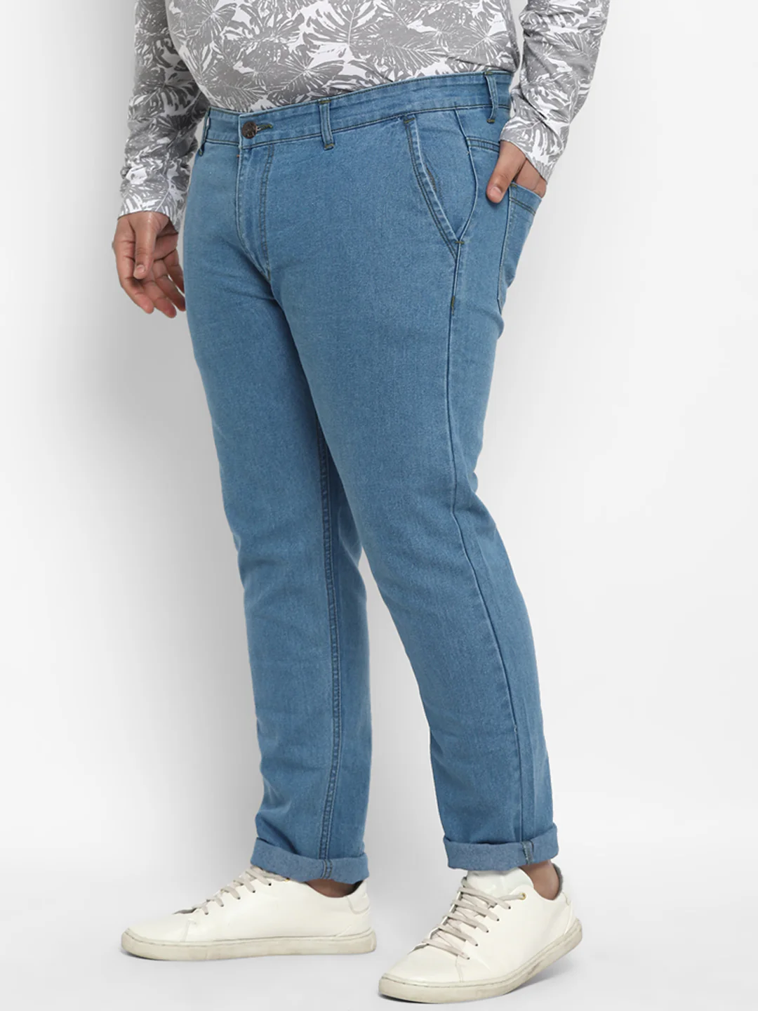 Plus Men's Light Blue Regular Fit Washed Jeans Stretchable - Image 3