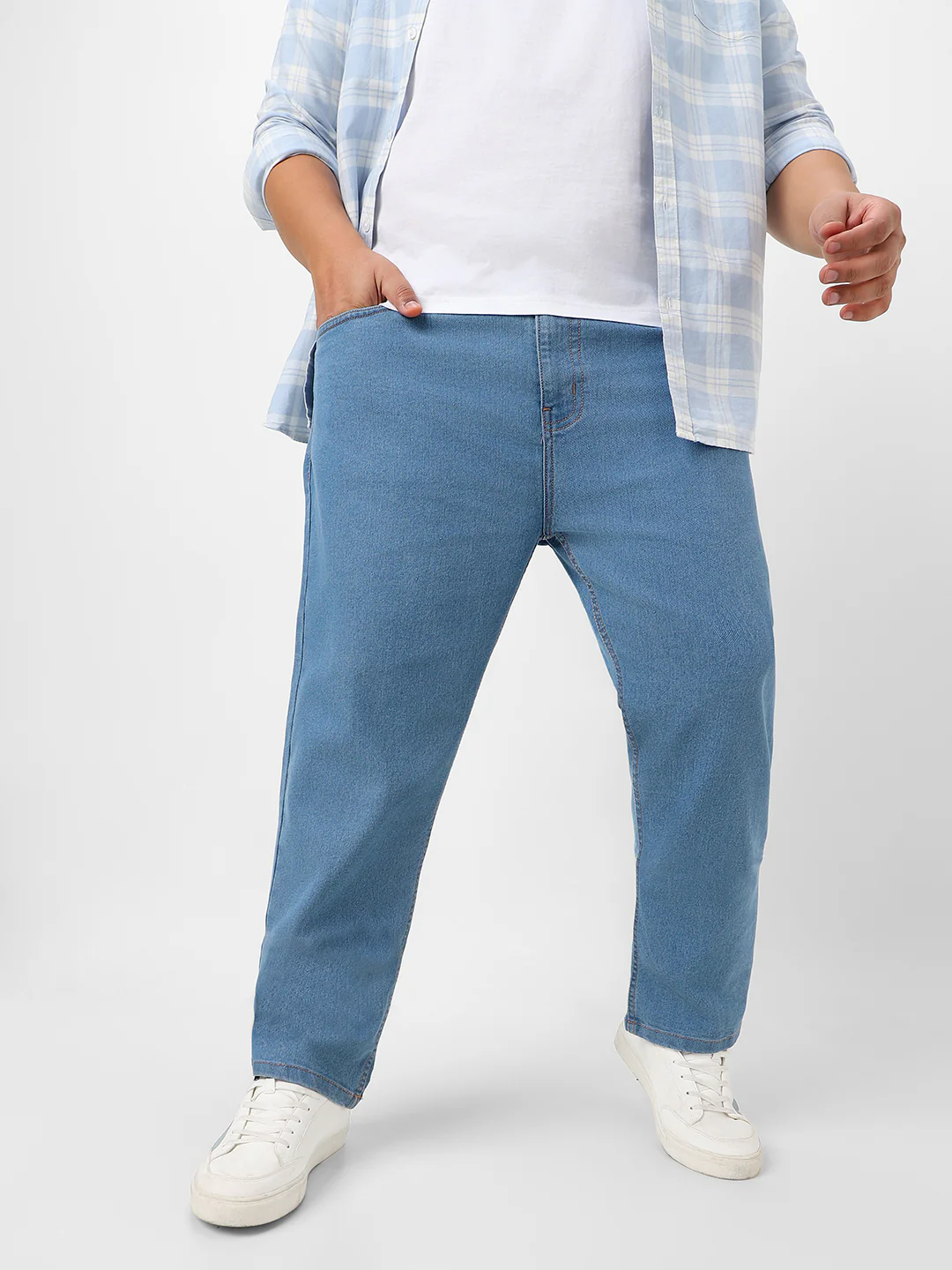 Plus Men's Light Blue Regular Fit Washed Jeans Stretchable - Image 2