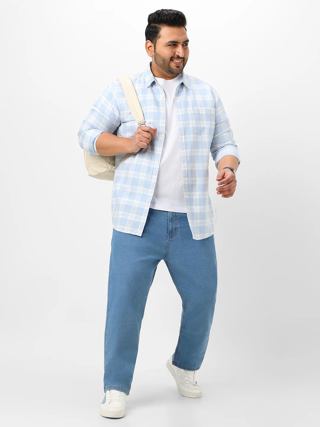 Plus Men's Light Blue Regular Fit Washed Jeans Stretchable - Image 5