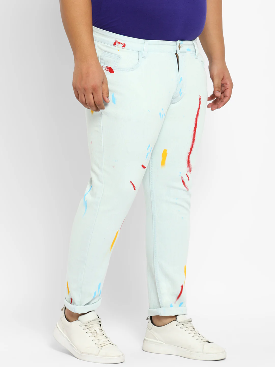 Plus Men's Light Blue Regular Fit Washed Printed Jeans Stretchable - Image 2