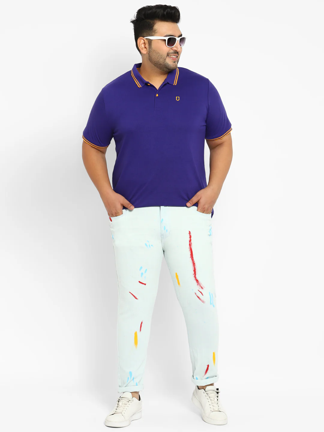 Plus Men's Light Blue Regular Fit Washed Printed Jeans Stretchable - Image 4