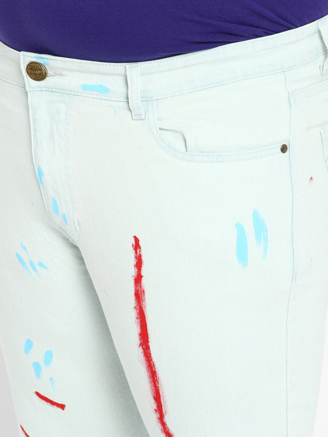 Plus Men's Light Blue Regular Fit Washed Printed Jeans Stretchable - Image 5