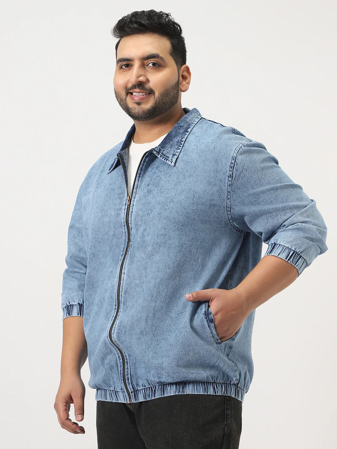 Plus Men's Light Blue Relaxed Fit Full Sleeve Harrington Denim Jacket - Image 2