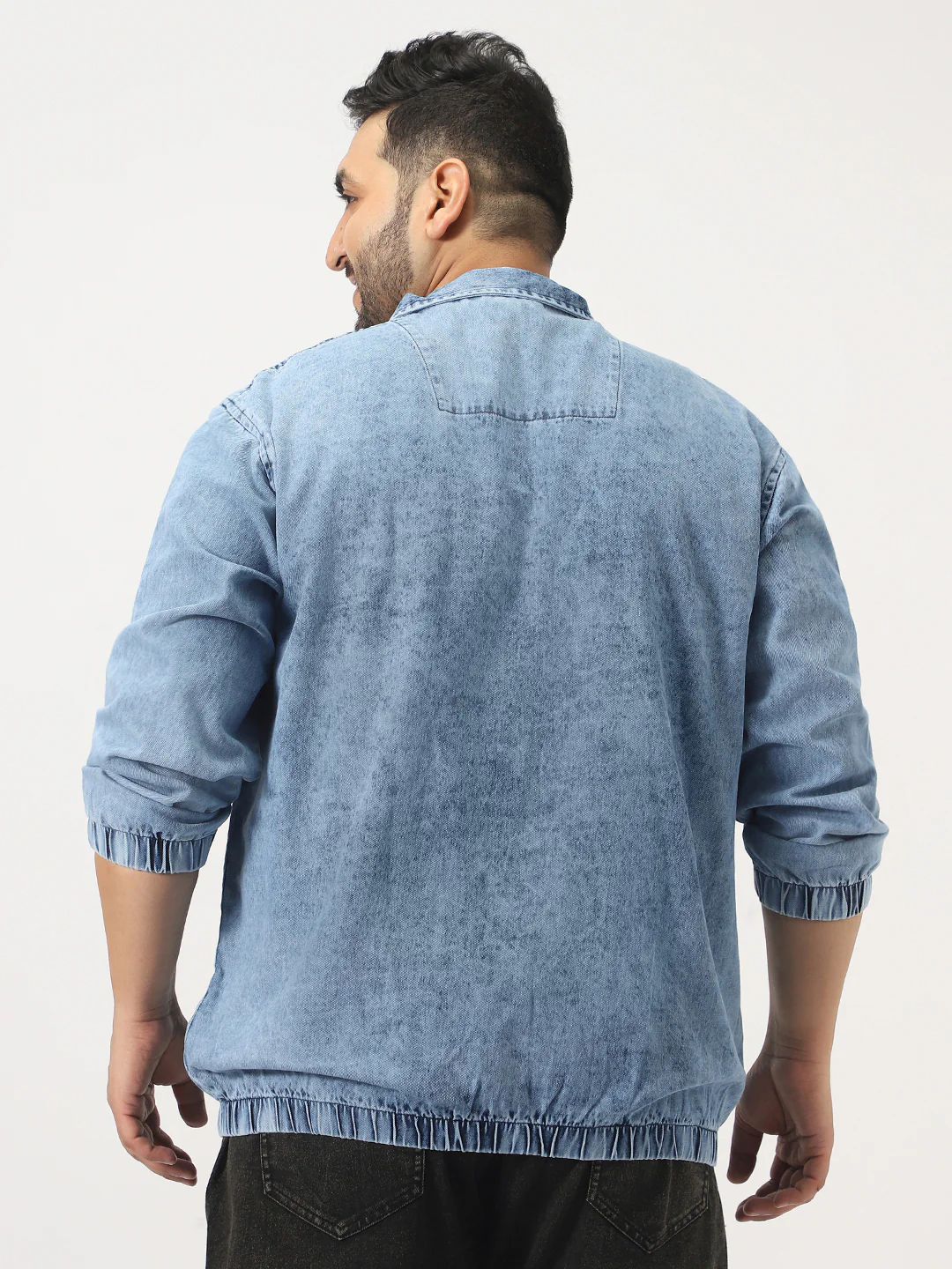 Plus Men's Light Blue Relaxed Fit Full Sleeve Harrington Denim Jacket - Image 3