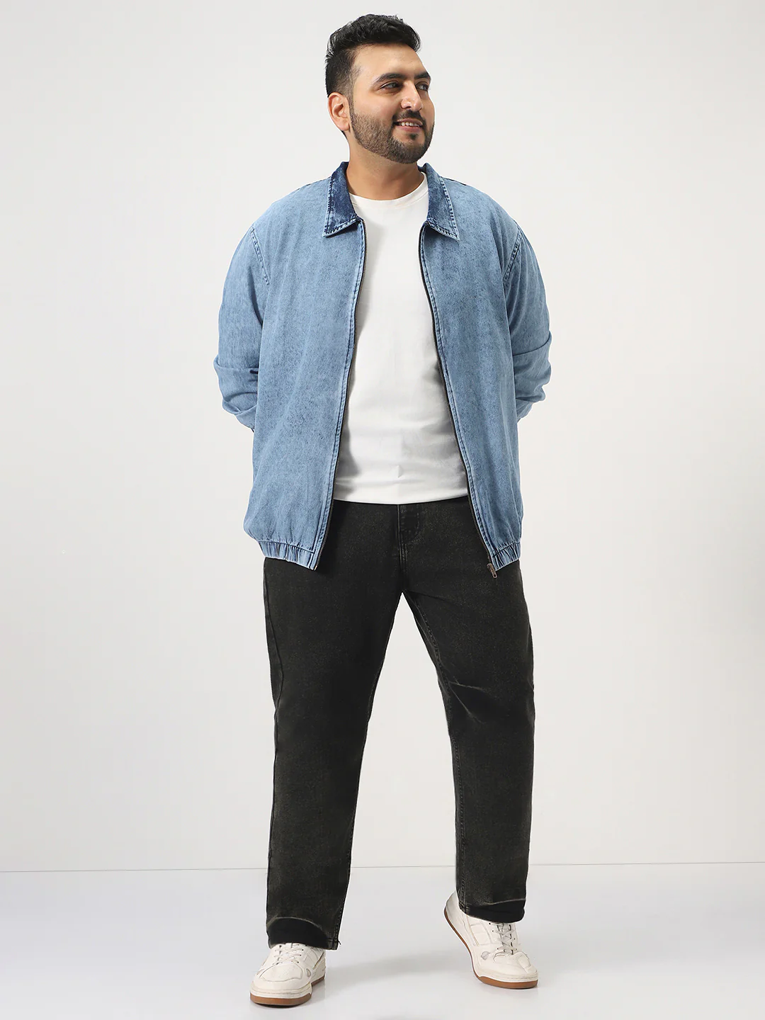 Plus Men's Light Blue Relaxed Fit Full Sleeve Harrington Denim Jacket - Image 4