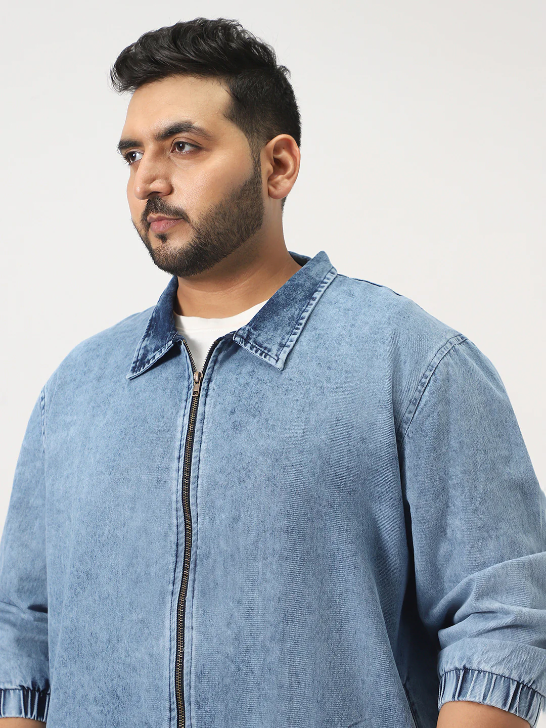 Plus Men's Light Blue Relaxed Fit Full Sleeve Harrington Denim Jacket - Image 5