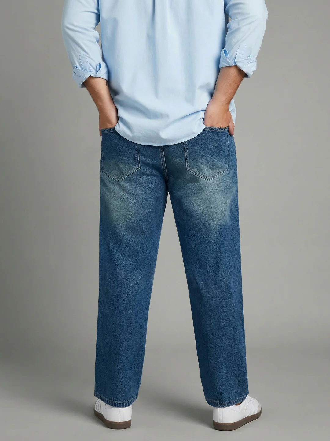 Plus Men's Light Blue Relaxed Fit Washed Denim Jeans Non-Stretchable - Image 3