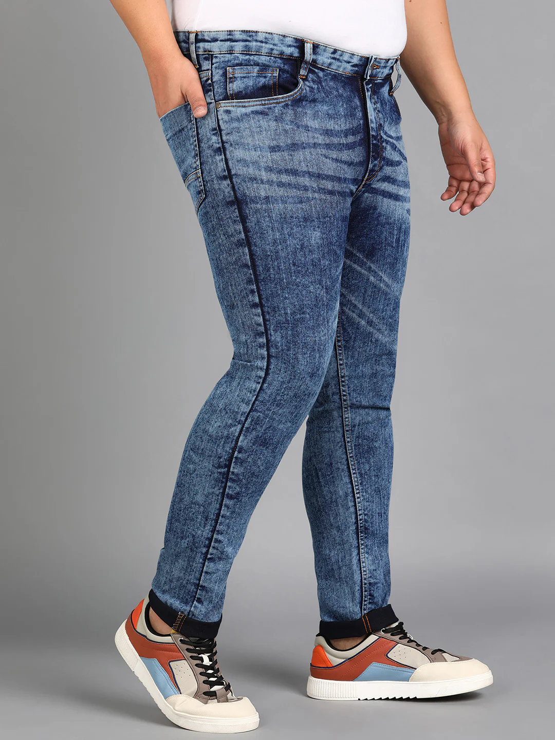 Plus Men's Light Blue Skinny Fit Washed Jeans Stretchable - Image 2