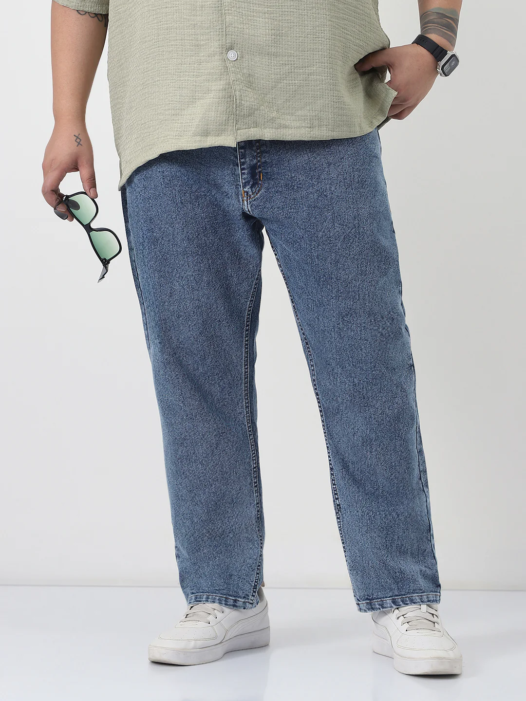 Plus Men's Light Blue Slim Fit Washed Denim Jeans Stretchable