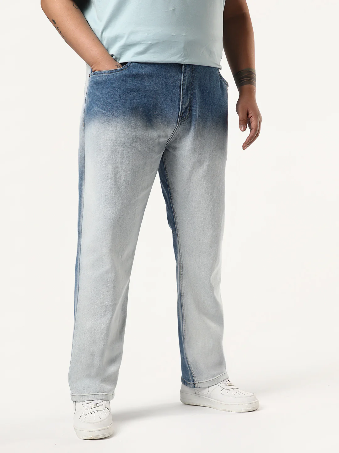 Plus Men's Light Blue Straight Fit Heavy Washed Faded Denim Jeans Stretchable - Image 2