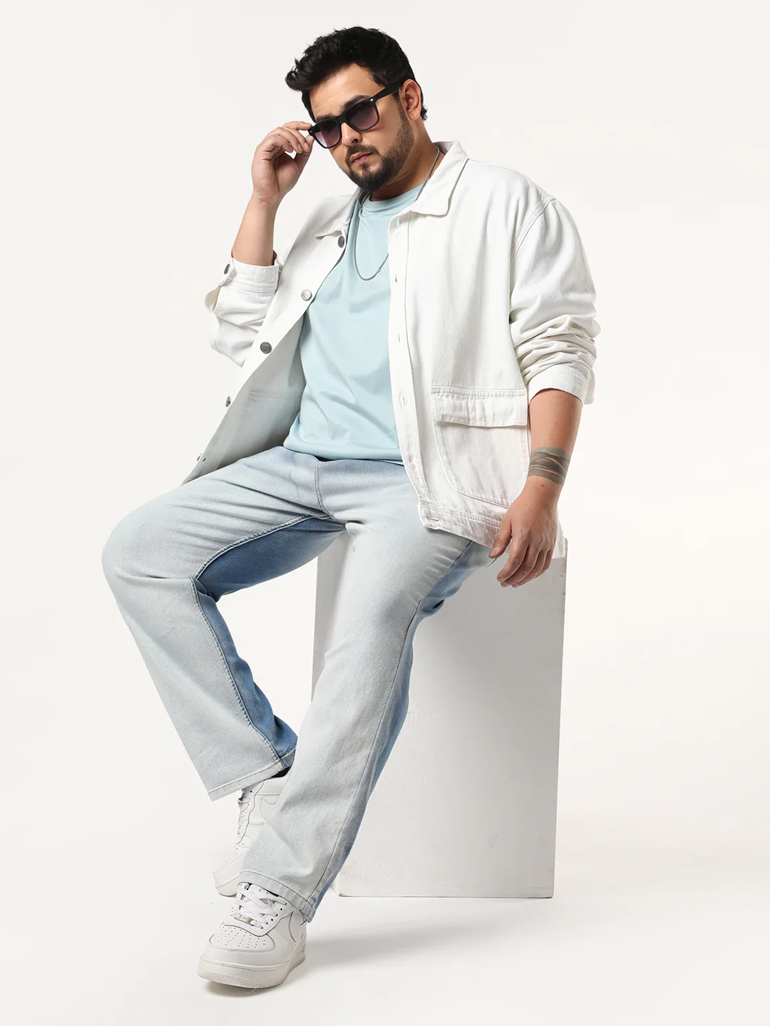 Plus Men's Light Blue Straight Fit Heavy Washed Faded Denim Jeans Stretchable - Image 4
