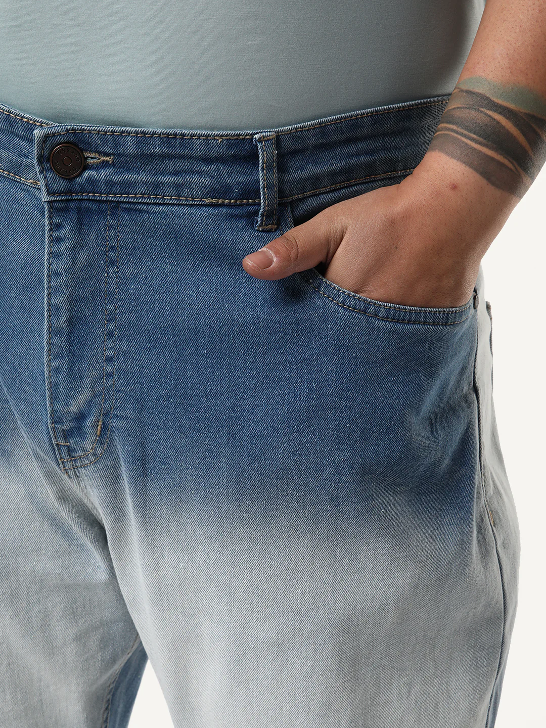 Plus Men's Light Blue Straight Fit Heavy Washed Faded Denim Jeans Stretchable - Image 5
