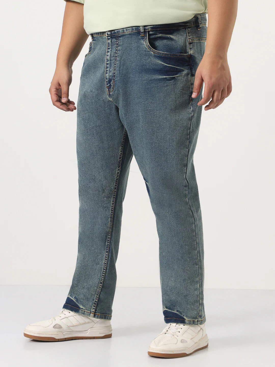Plus Men's Light Blue Straight Fit Heavy Washed Jeans Stretchable - Image 2