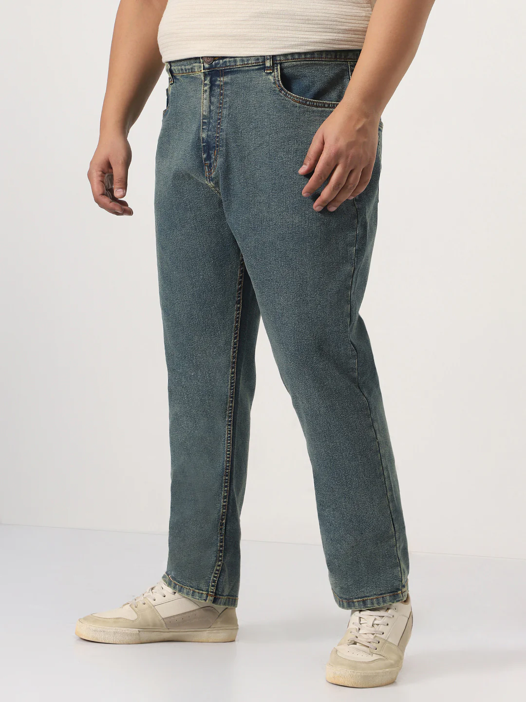 Plus Men's Light Blue Straight Fit Heavy Washed Jeans Stretchable - Image 2