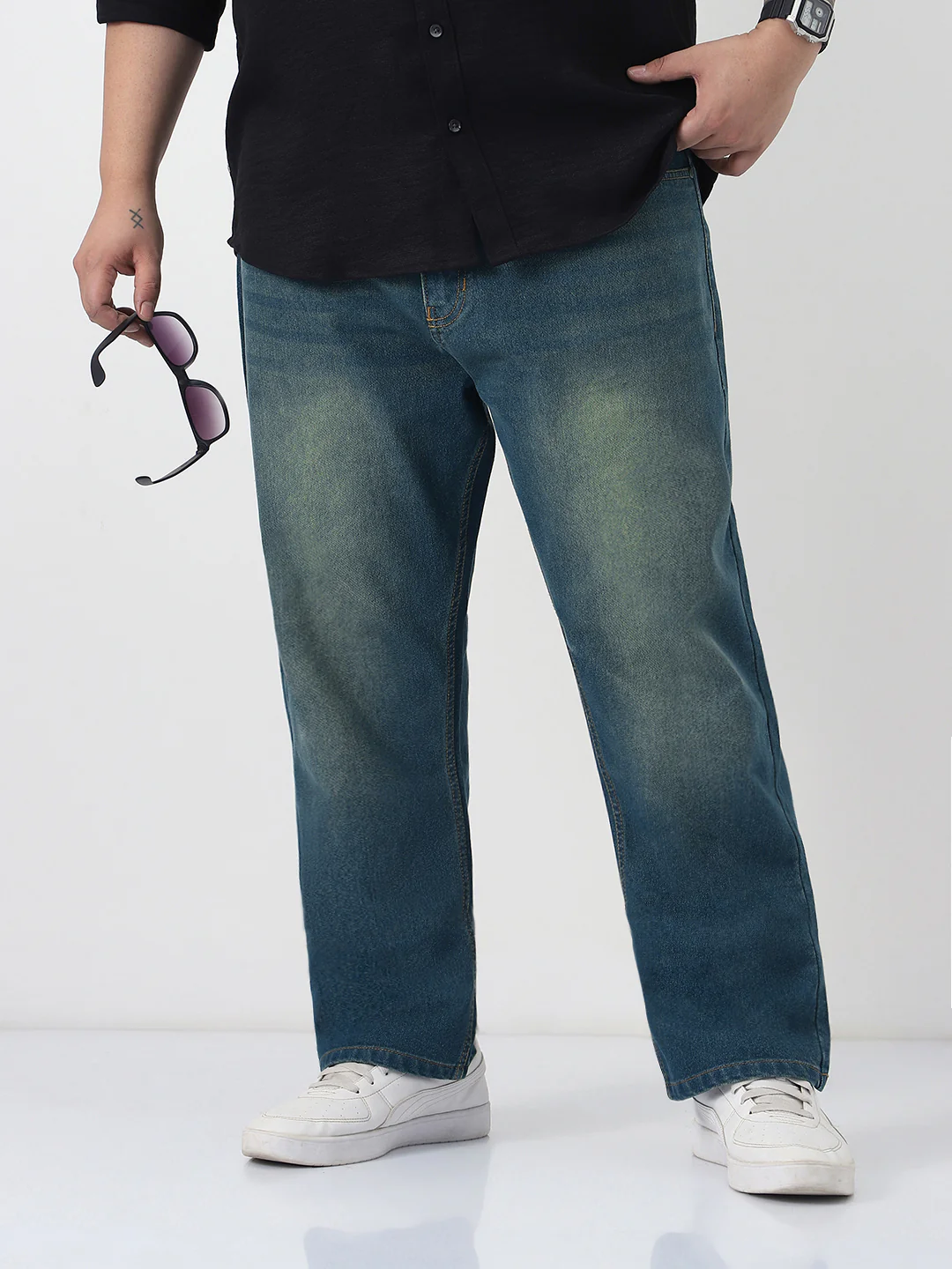Plus Men's Light Blue Straight Fit Heavy Washed Jeans Stretchable