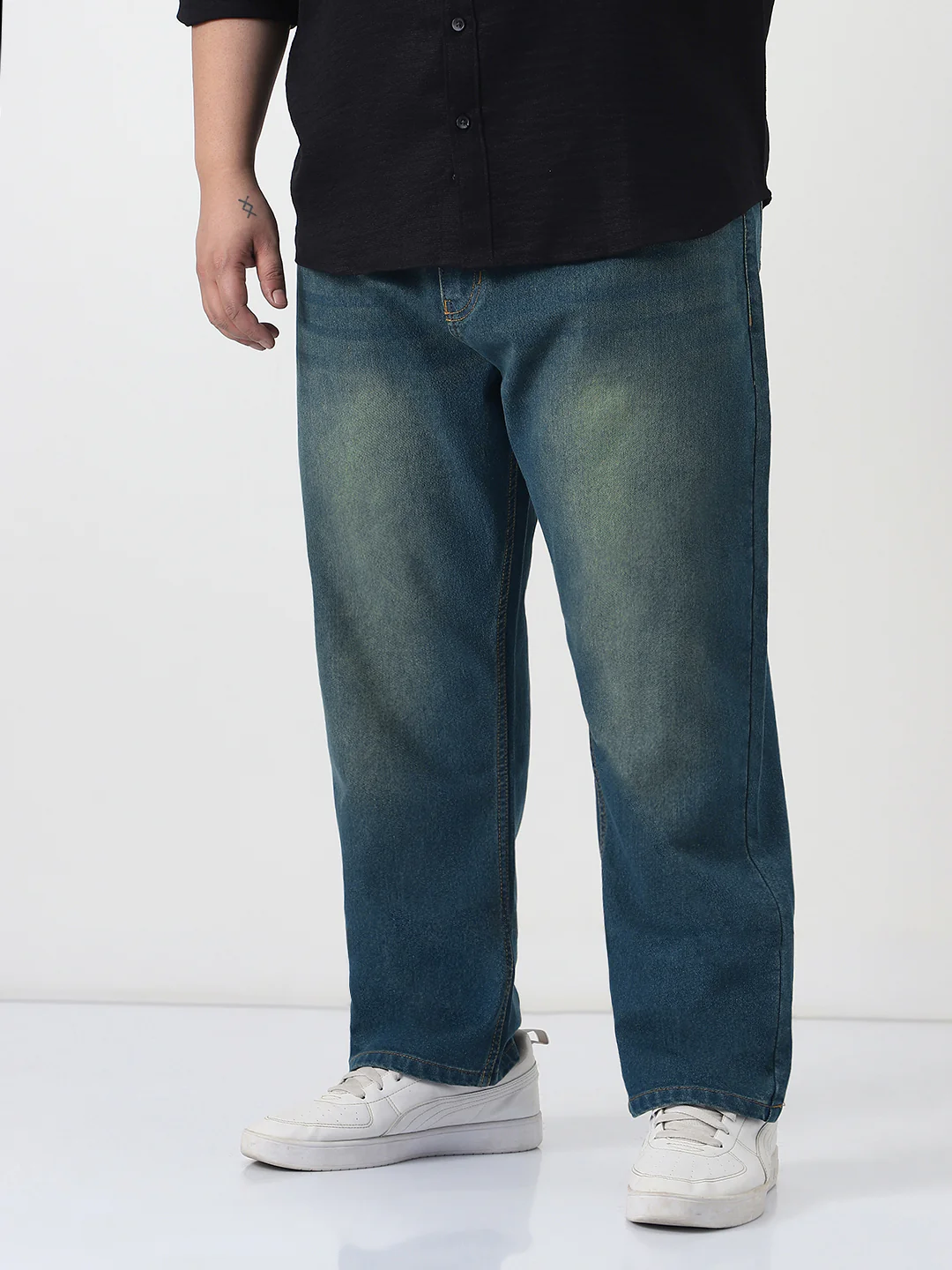 Plus Men's Light Blue Straight Fit Heavy Washed Jeans Stretchable - Image 2