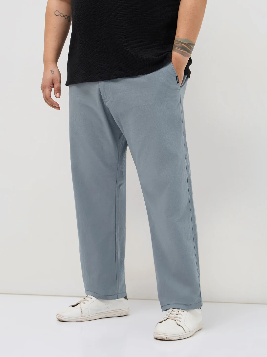 Plus Men's Light Blue Straight Fit Mid Rise Cotton Casual Chinos Trousers Stretch - Image 2