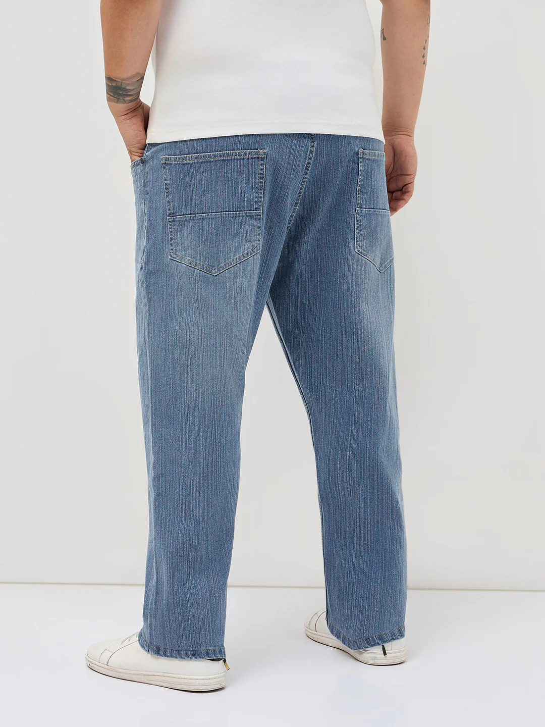 Plus Men's Light Blue Straight Fit Washed Denim Jeans Stretchable - Image 3
