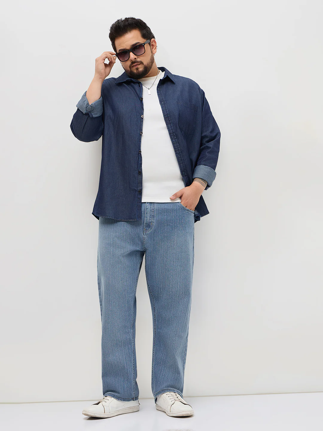 Plus Men's Light Blue Straight Fit Washed Denim Jeans Stretchable - Image 4