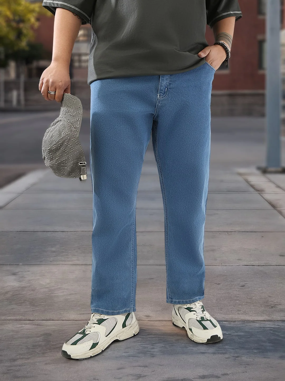 Plus Men's Light Blue Straight Fit Washed Jeans Stretchable
