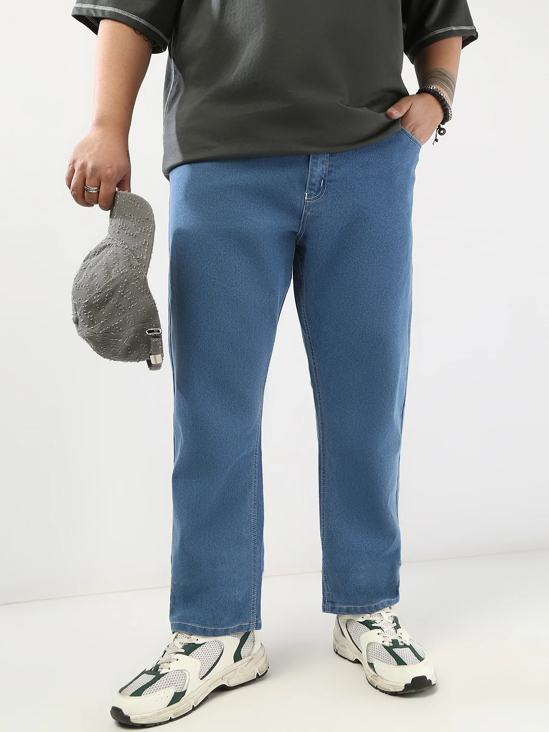 Plus Men's Light Blue Straight Fit Washed Jeans Stretchable - Image 2